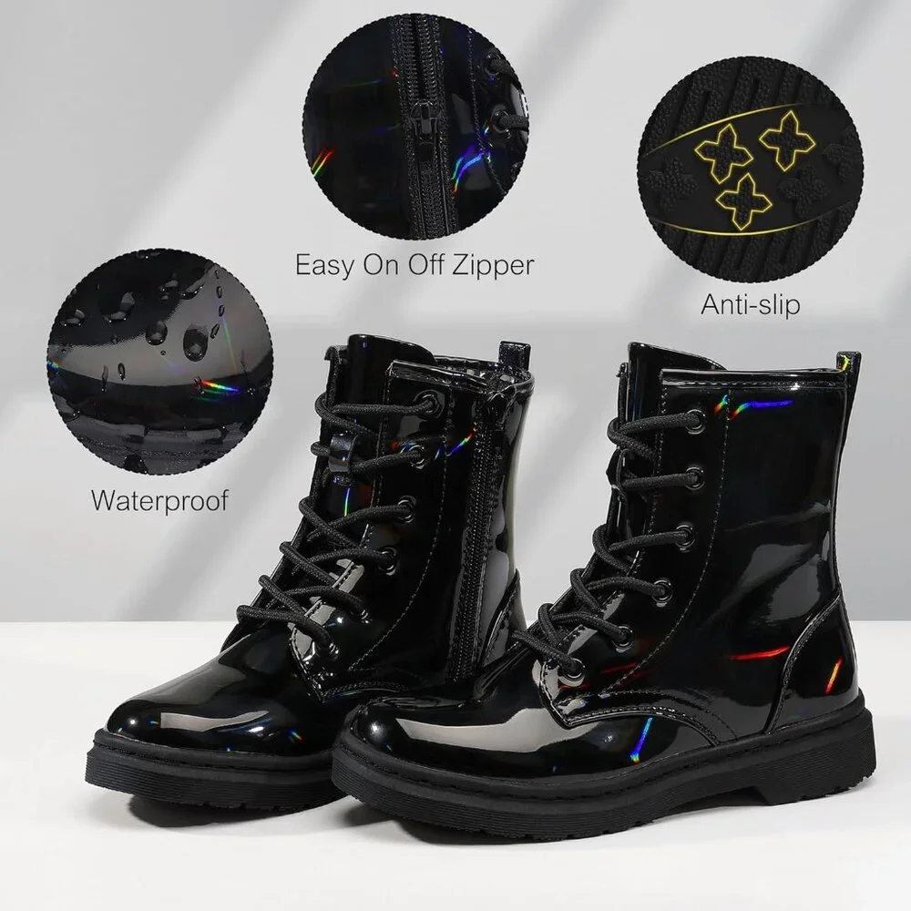 Girls Black Rubber Ankle Side Zipper Lace Up Stylish Comfort Glitter‎ Boots